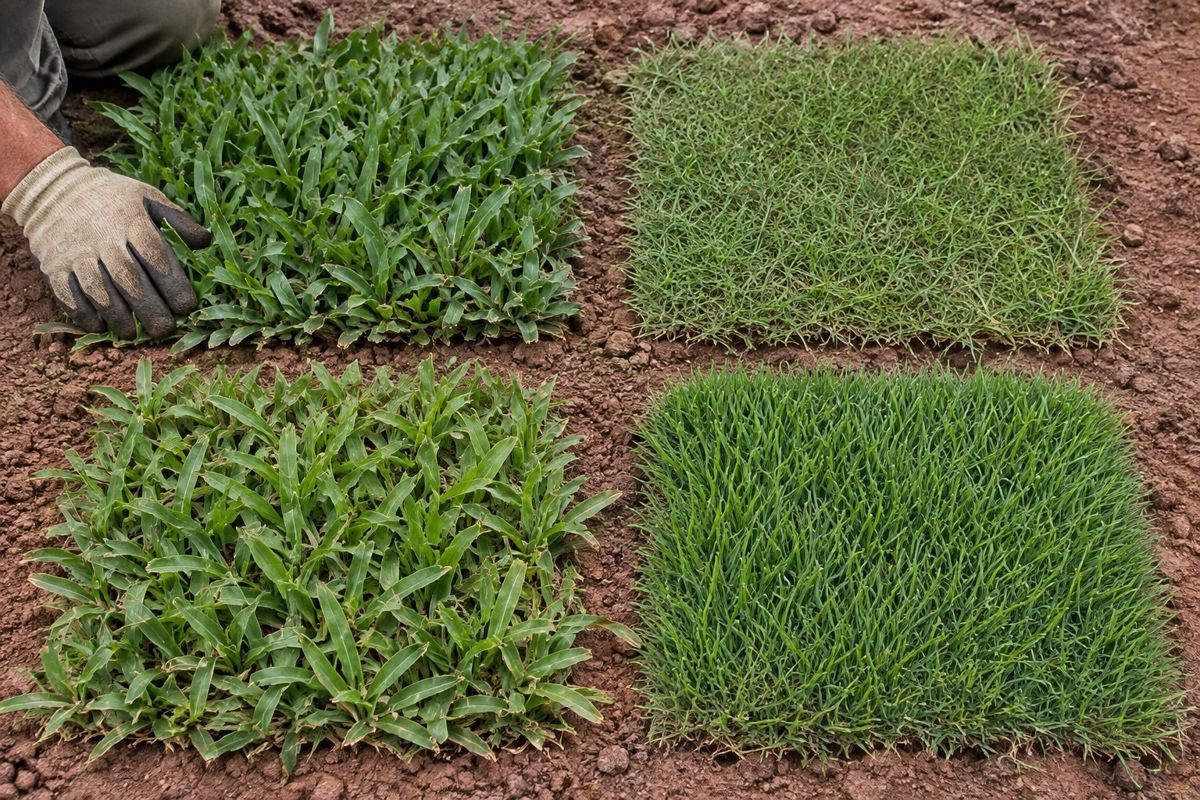 Four warm-season grass types growing side by side in test patches