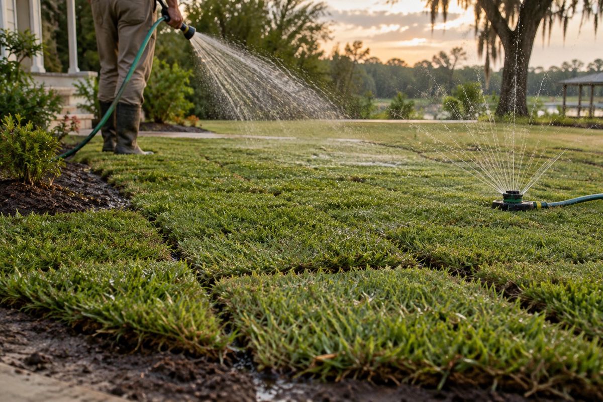 Newly laid sod being watered, with seams and damp soil visible