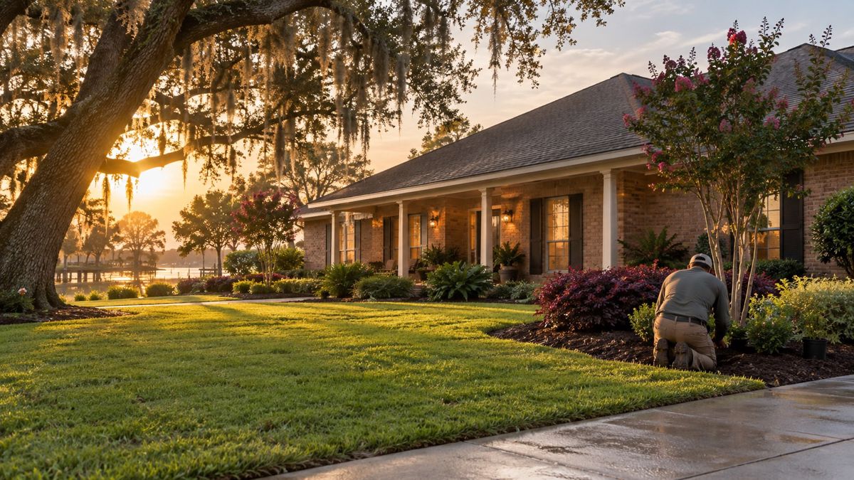 Brick Lake Charles home with green lawn, mulched beds and a mossy live oak