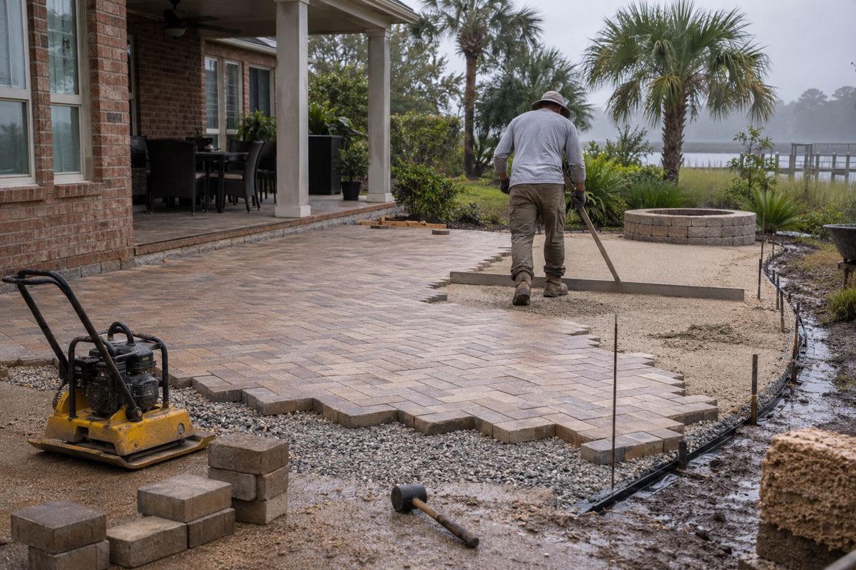 Workers laying a herringbone paver patio on a compacted stone base