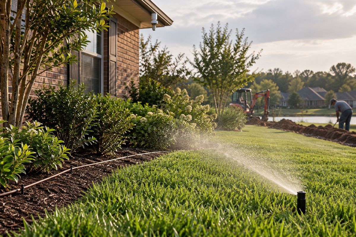 Sprinkler head watering a green lawn beside a mulched shrub bed