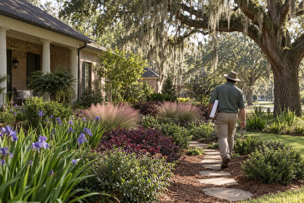 Newly landscaped front yard with curved beds, native plants and a live oak