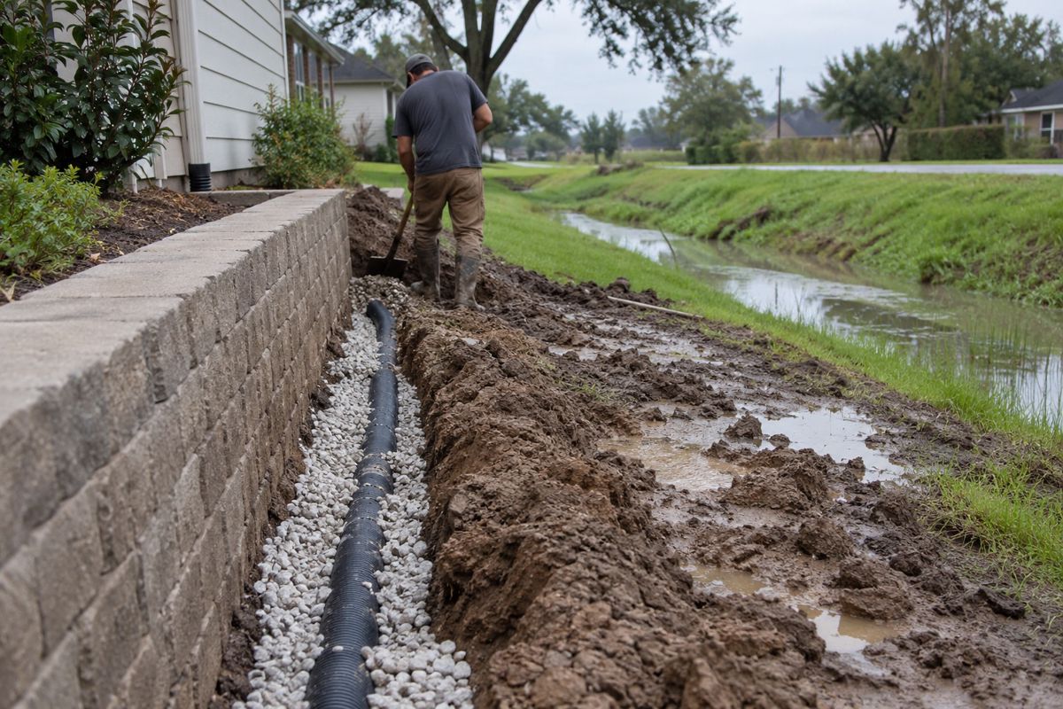 Low block retaining wall and gravel French drain trench in a flat wet yard