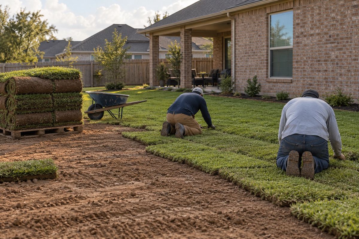 Crew laying fresh St. Augustine sod rolls across a prepared Louisiana yard